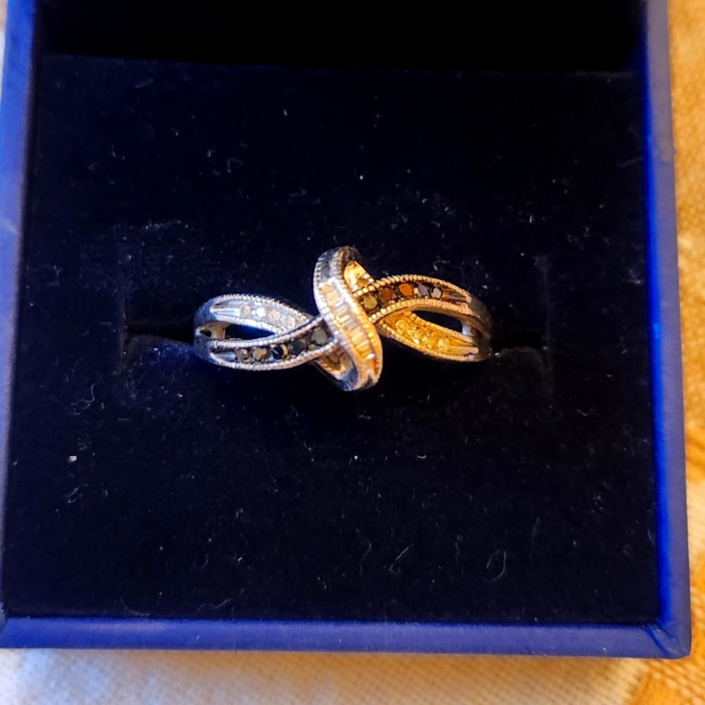 Silver black and white diamond accent ring
